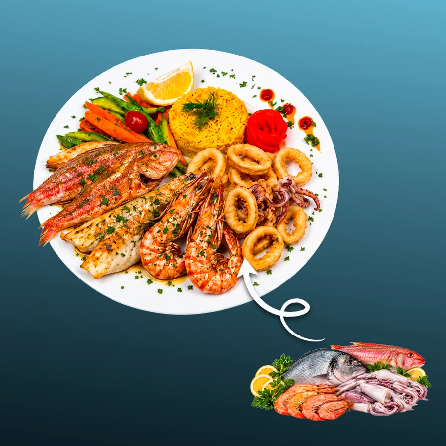 ディスカバリープレート — ヒメジまたはメルルーサ 100 g、イカ 80 g、大海老 60 g · Sphère Restaurant by Léa, Kouba, Alger