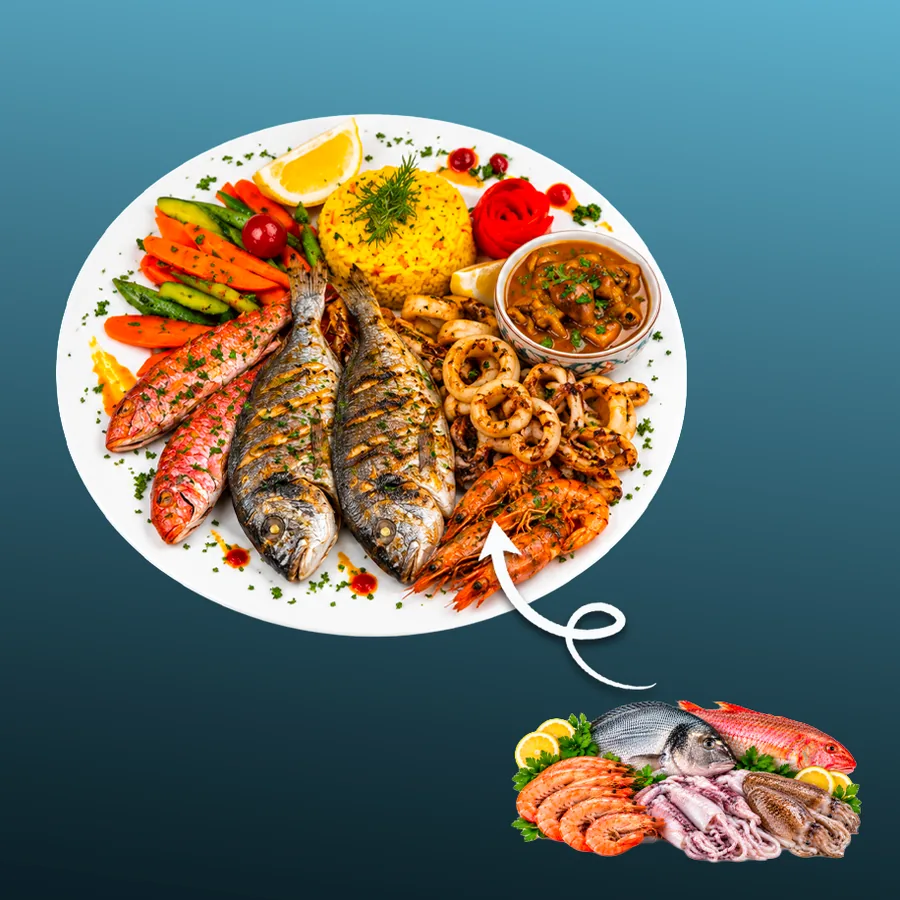 海のデュオ — 鯛（総重量 400 g）、ヒメジまたはメルルーサ 200 g、コウイカのソース煮 150 g、イカ 100 g、海老 100 g · Sphère Restaurant by Léa, Kouba, Alger