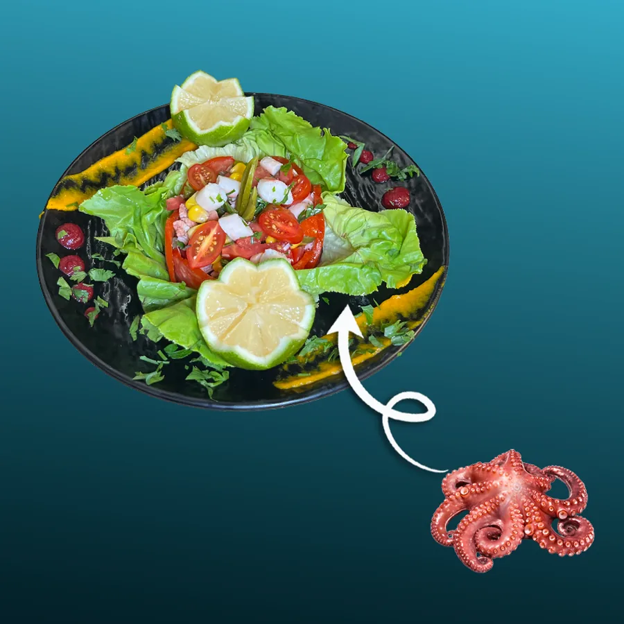 タコのサラダ — 角切りのタコにレタスとトマト、ライムと生ハーブでさわやかに。 · Sphère Restaurant by Léa, Kouba, Alger