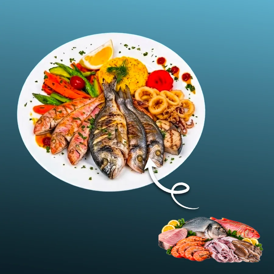 グルマン・トリオ — 鯛 1尾、スズキ 1尾、ヒメジまたはメルルーサ 300 g、イカ 150 g、海老 180 g · Sphère Restaurant by Léa, Kouba, Alger